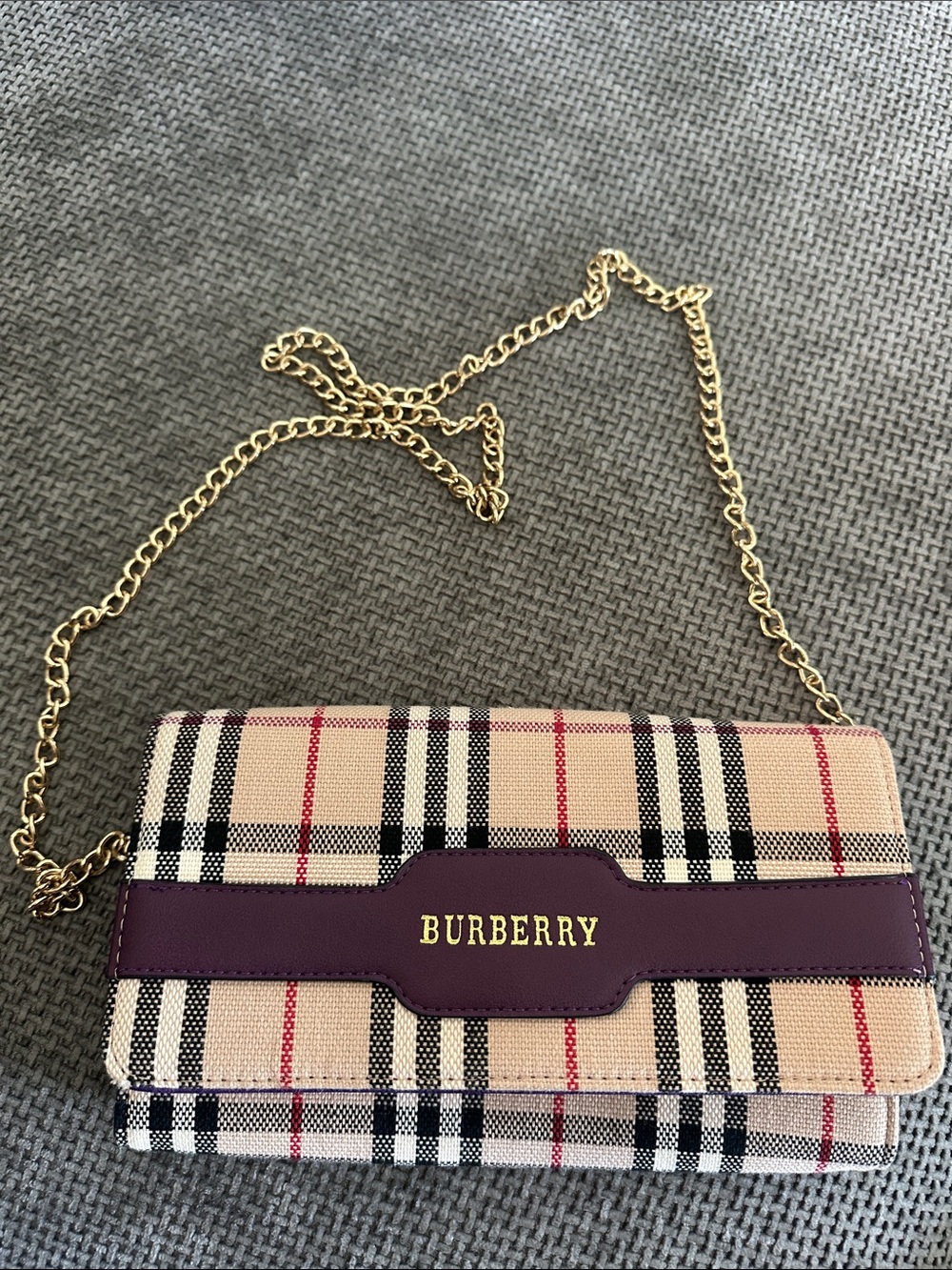 Burberry Beige Check Crossbody with Purple Trim and Gold Chain